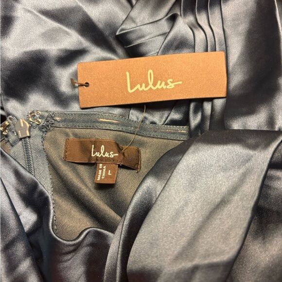 Lulus Stunning Arrival Dark Teal Satin Off-The-Shoulder Maxi Dress Sz. Large NEW - Picture 4 of 16